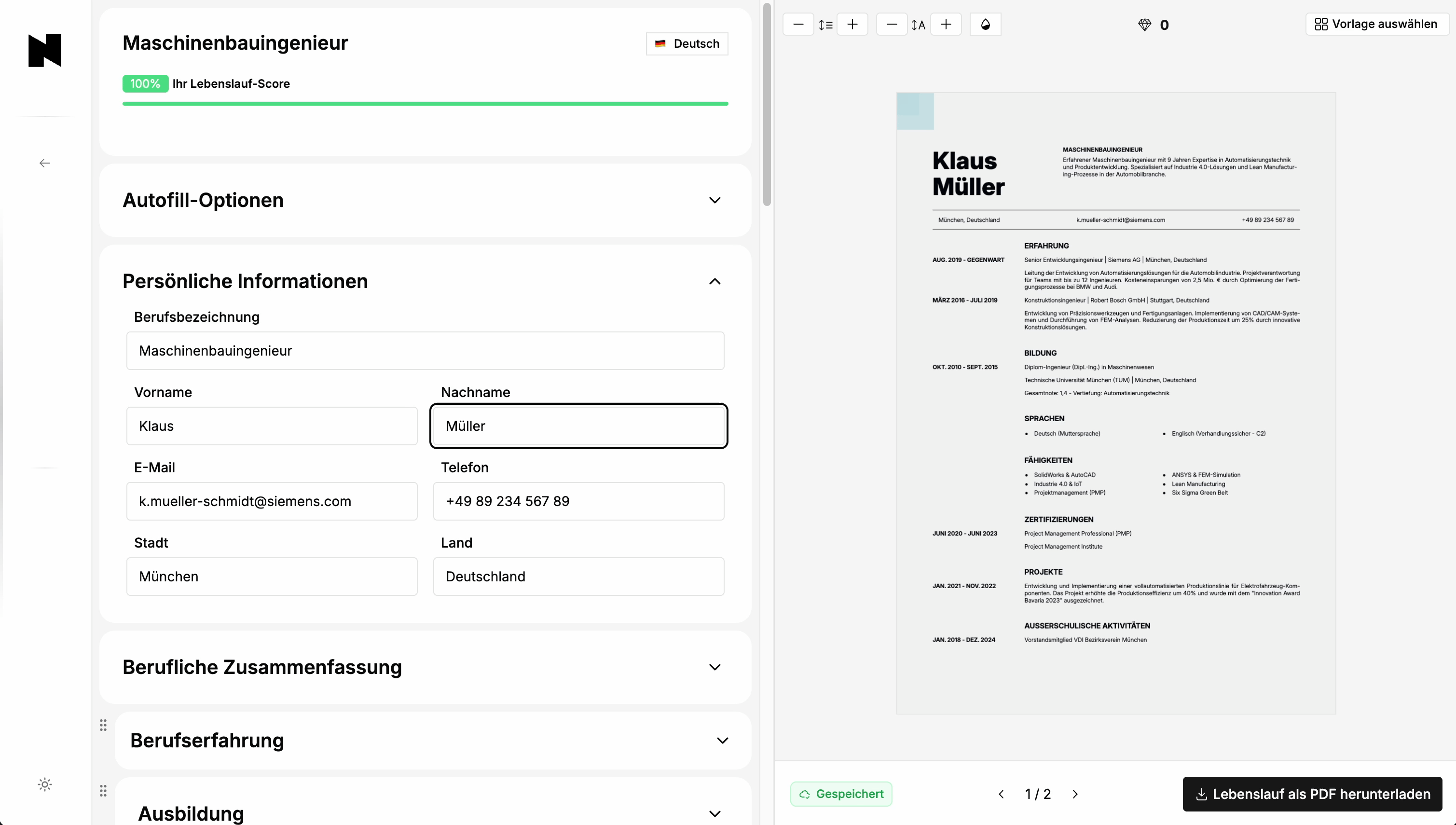 Eine animierte Demonstration, die zeigt, wie der Nextvorlage Lebenslauf-Editor ein professionelles CV mit einer modernen Vorlage erstellt.