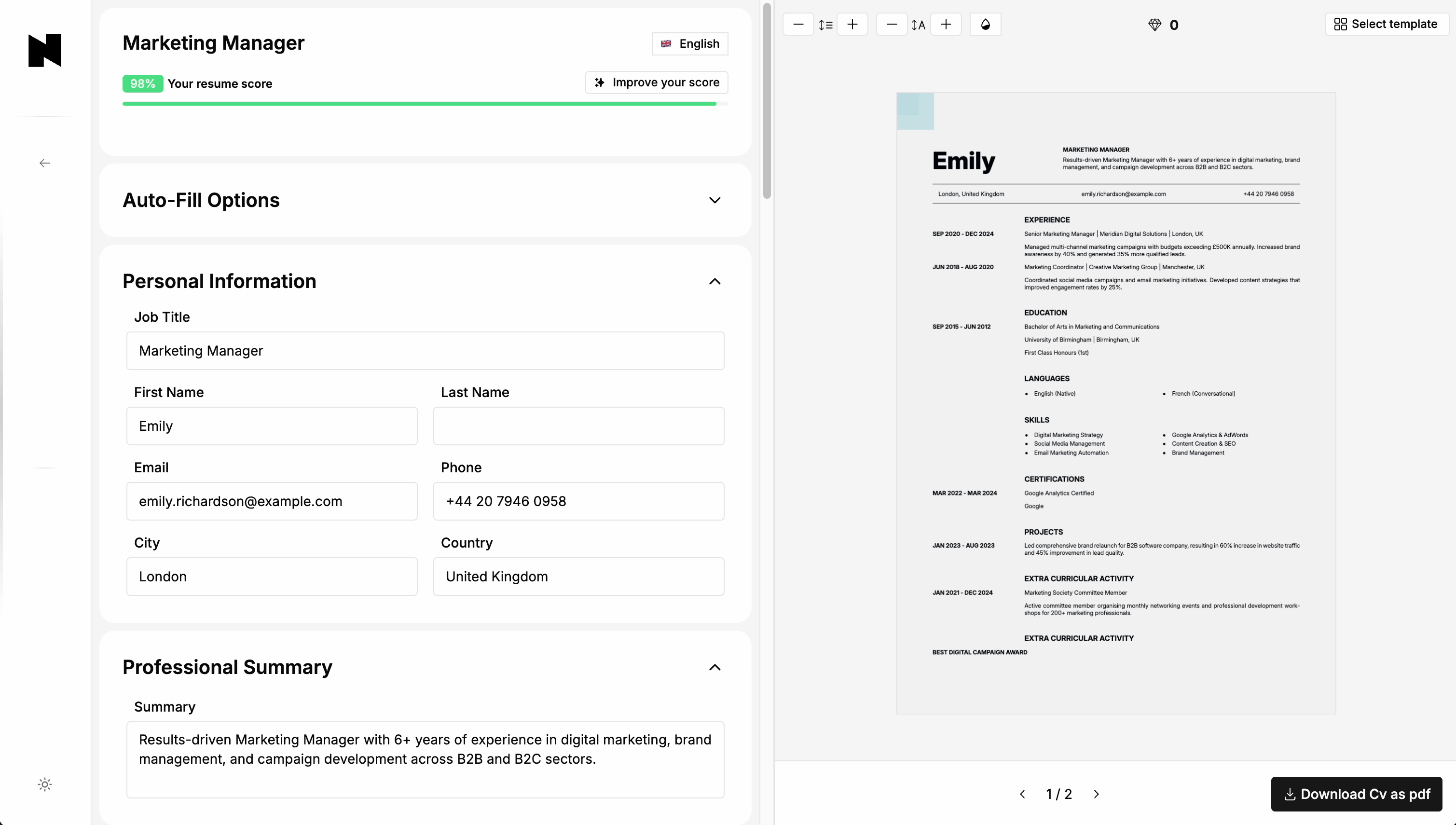 An animated demonstration showing the Nextvorlage resume builder creating a professional CV with a modern template.