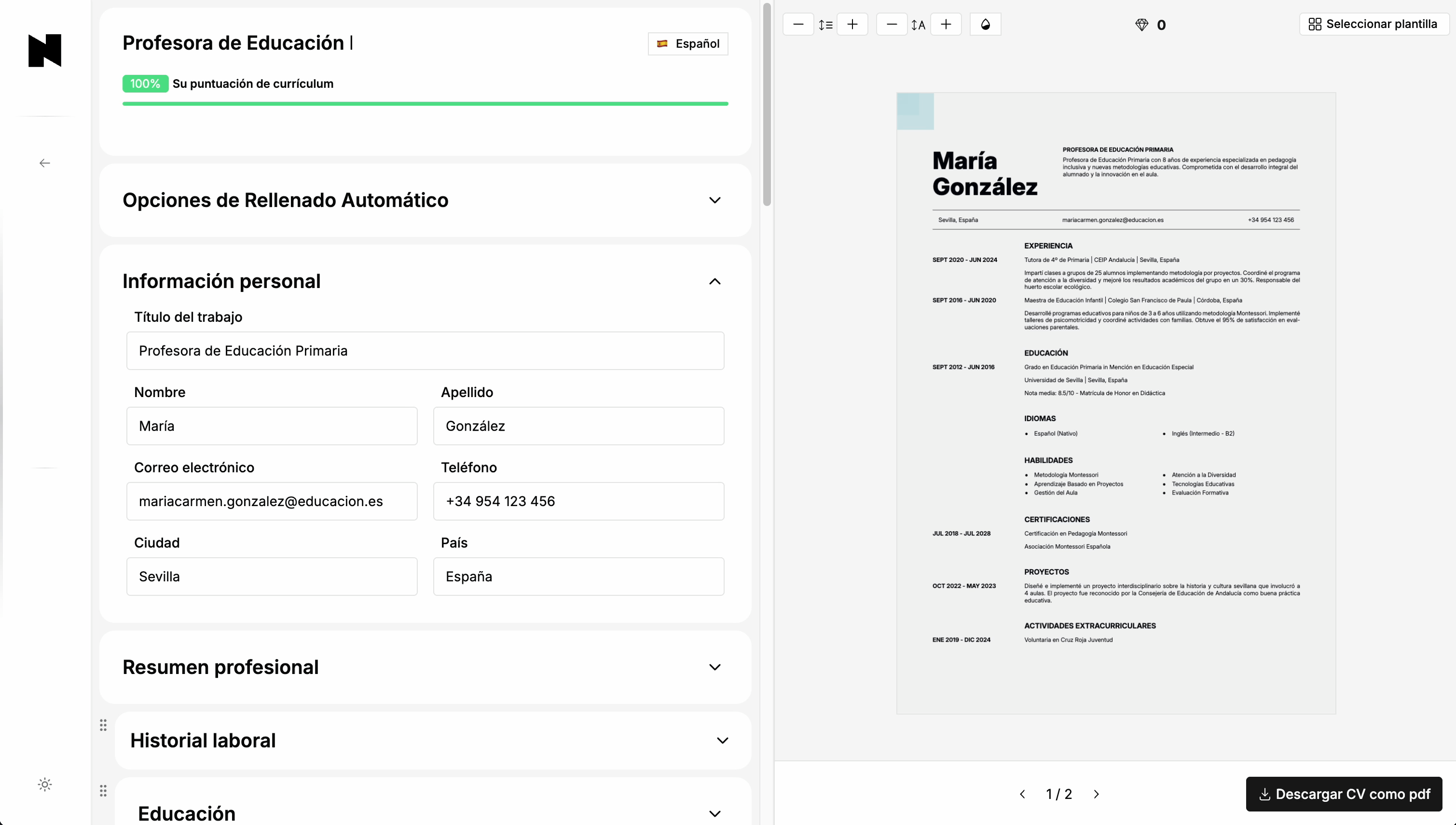Una demostración animada que muestra al creador de currículums de Nextvorlage creando un CV profesional con una plantilla moderna.