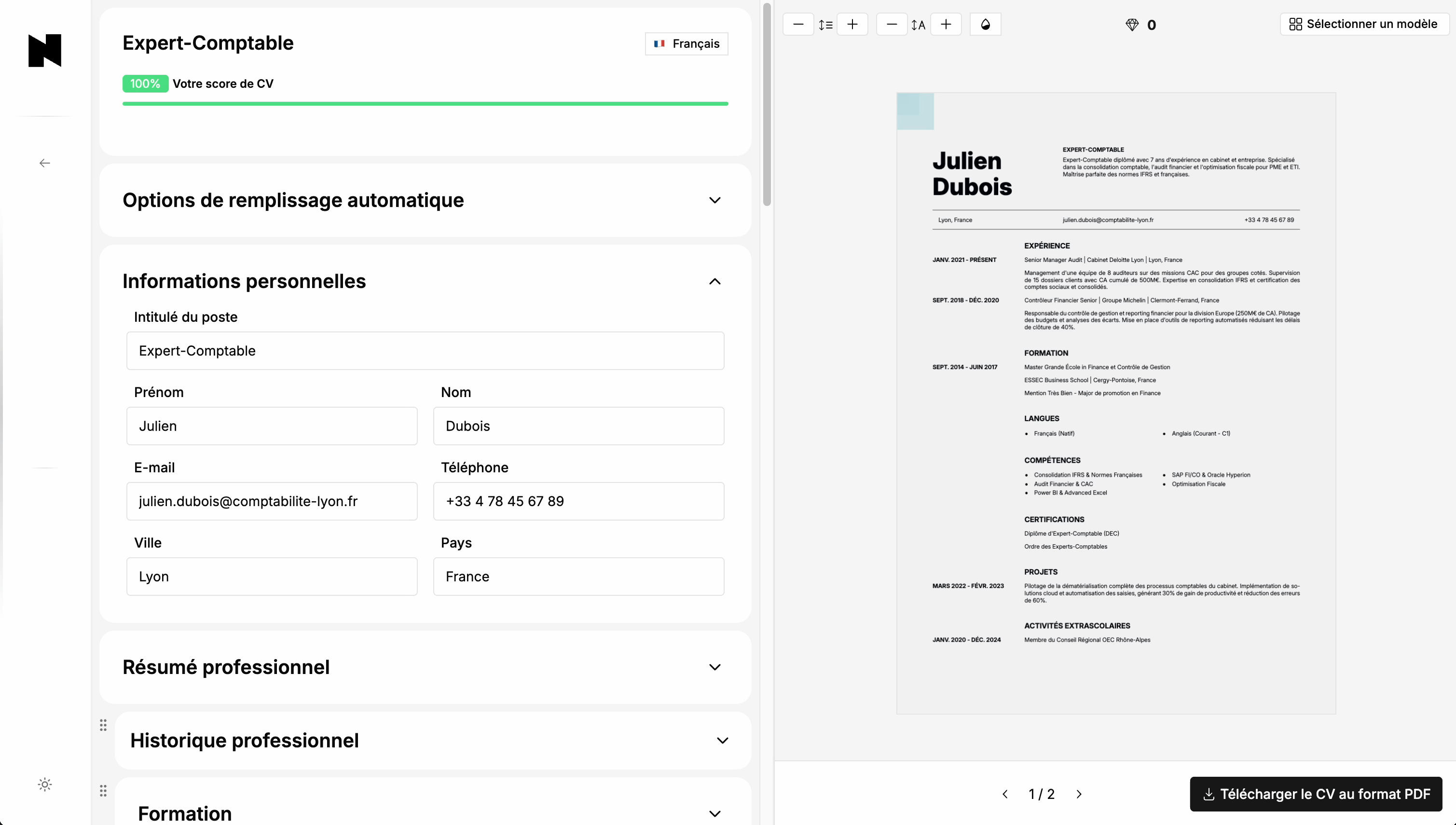 Une démonstration animée montrant le créateur de CV Nextvorlage en train de créer un CV professionnel avec un modèle moderne.