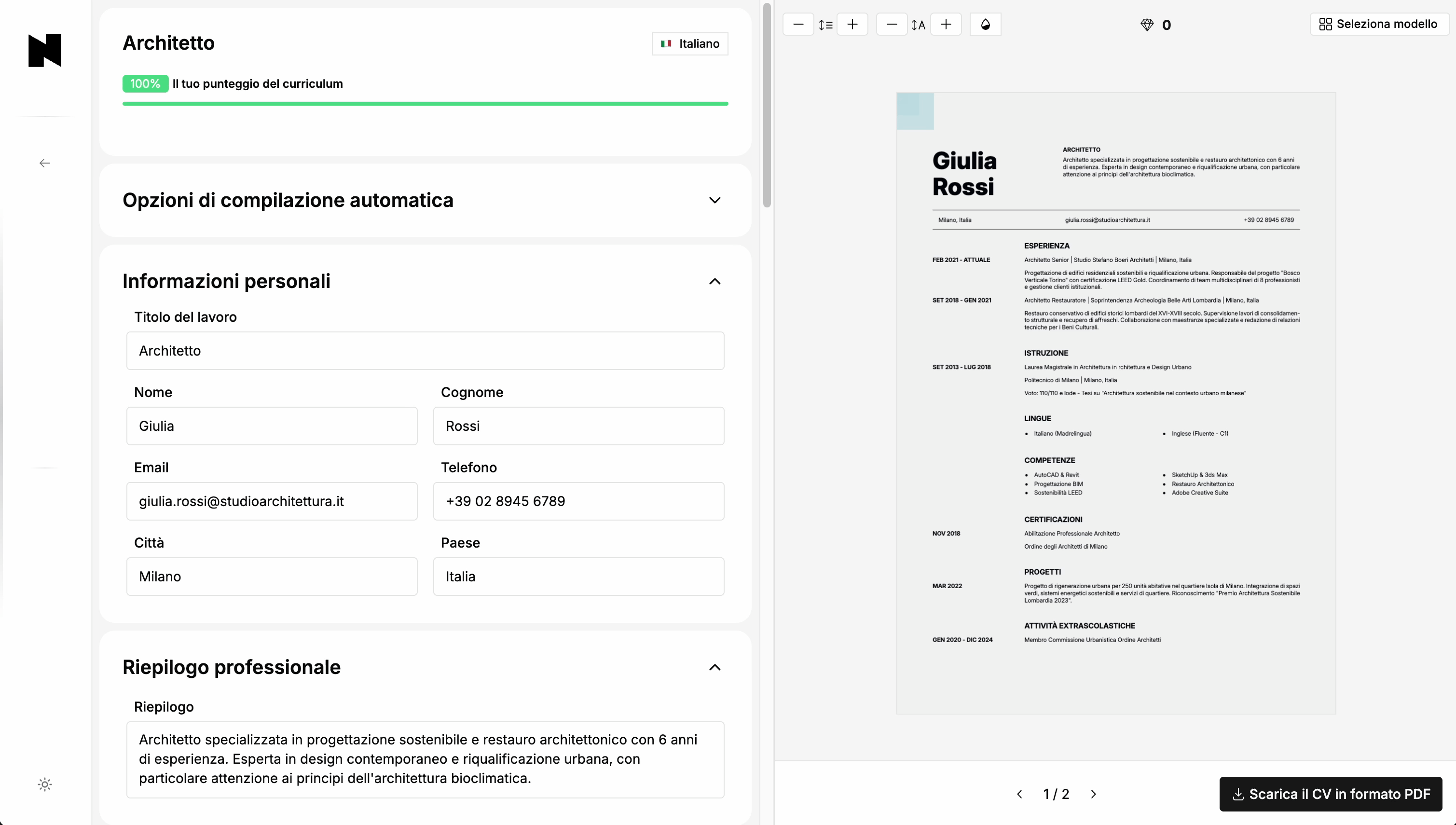 Una dimostrazione animata che mostra il creatore di curriculum di Nextvorlage mentre crea un CV professionale con un modello moderno.