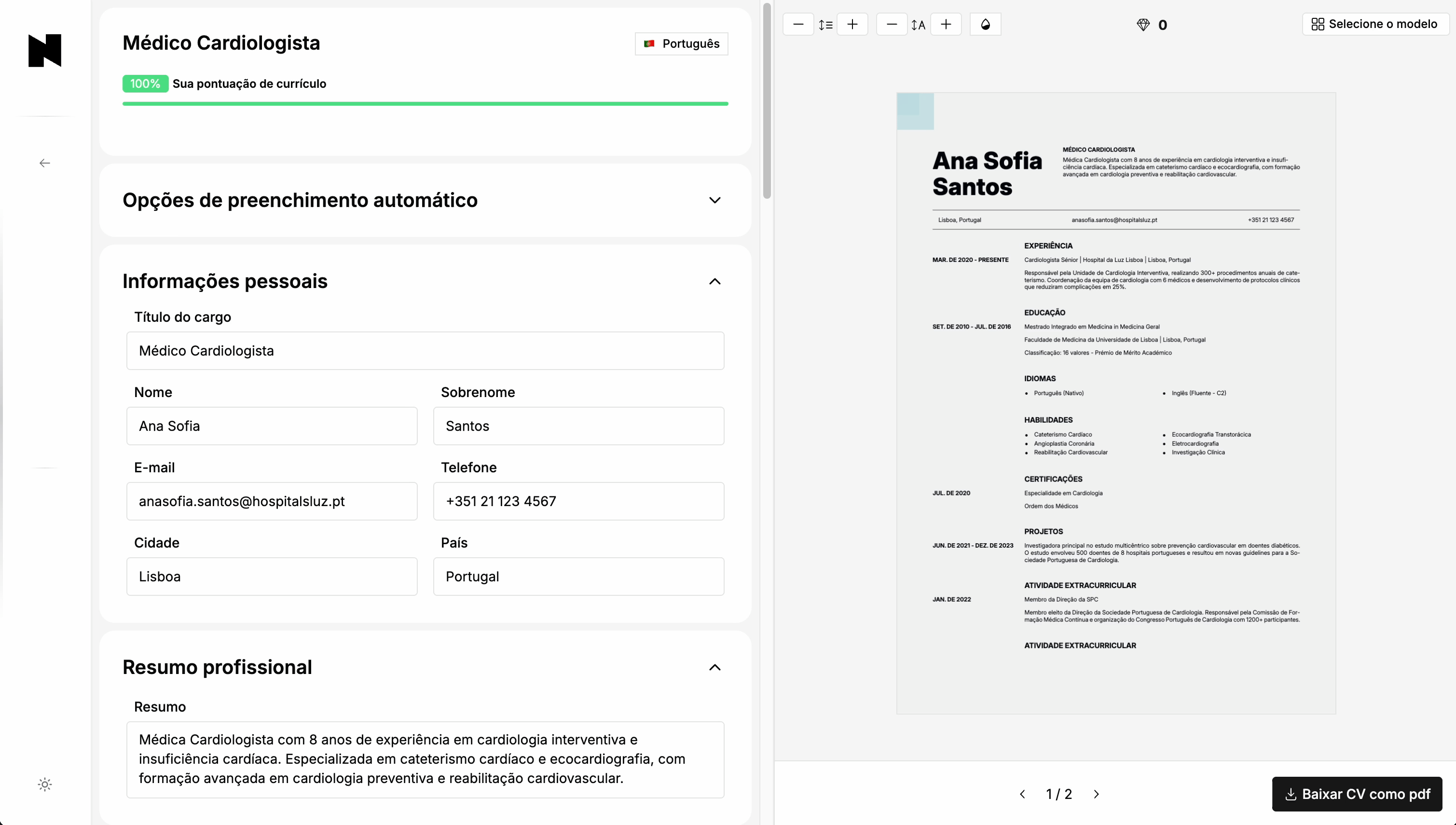 Uma demonstração animada mostrando o criador de currículos da Nextvorlage a criar um CV profissional com um modelo moderno.