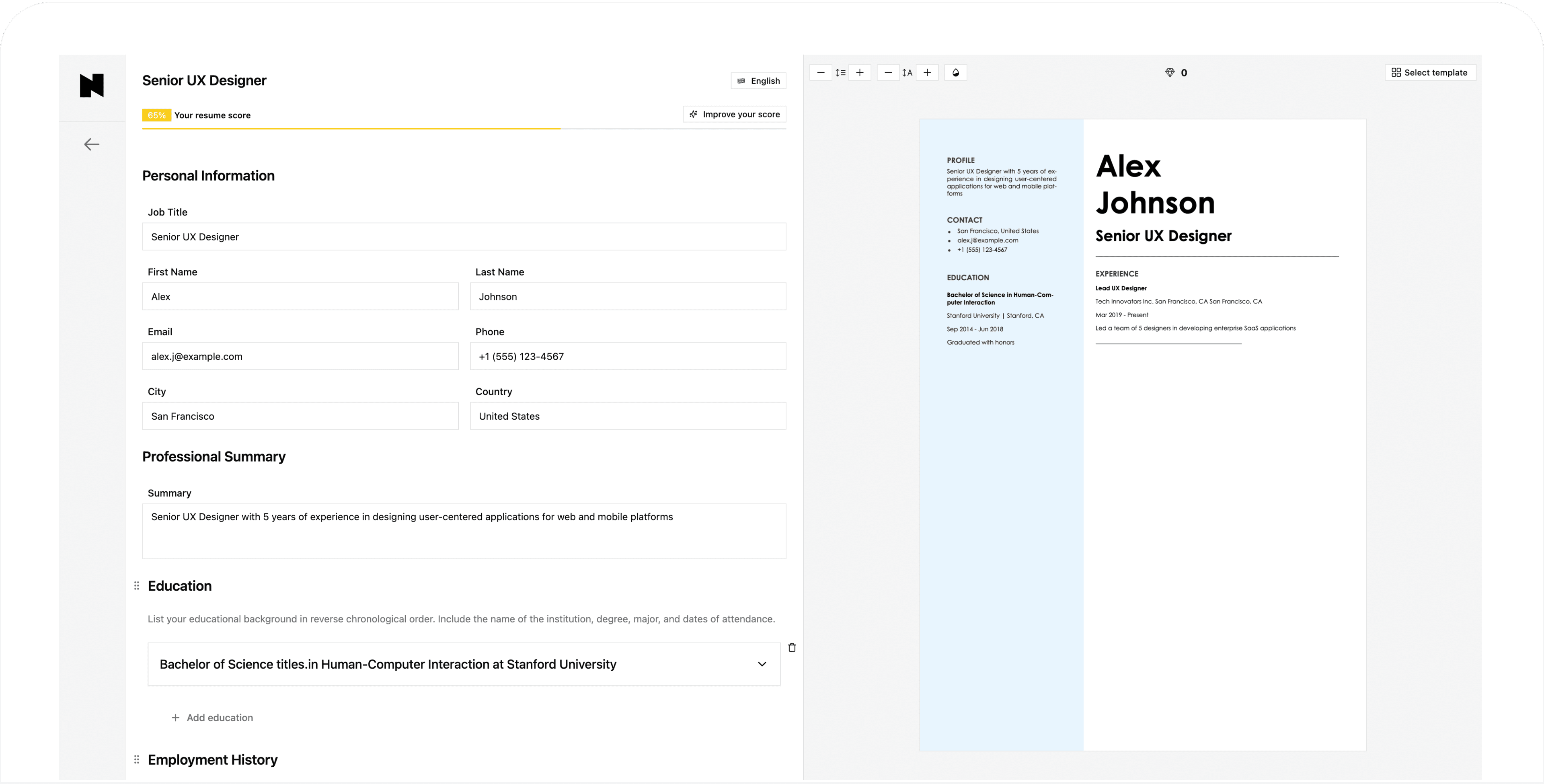 Ein professioneller, moderner Lebenslauf, erstellt mit dem Nextvorlage Online-Lebenslauf-Editor.